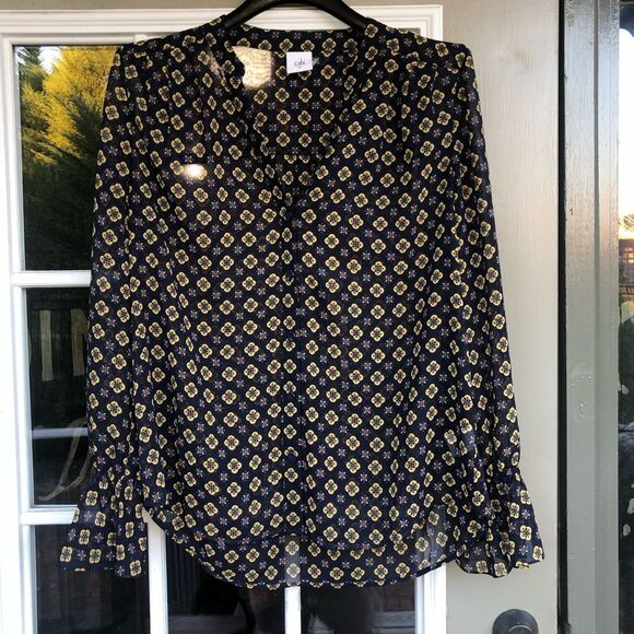 Anthropologie CAbi Mosaic Blouse Blue Yellow Top #3773 Size Medium, MSRP $89 - Picture 2 of 13
